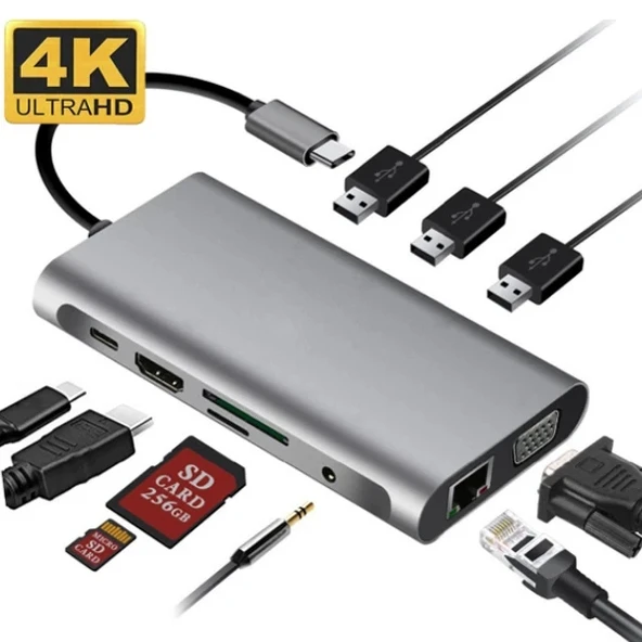 Nevamel ALLY 10 İN 1 HDMI VGA RJ45 PD USB 3.0 HUB Adaptör Çoklayıcı-(5775) ürün görseli 1