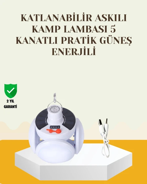 Nevamel Güneş Paneliyle Şarj Olan Katlanabilir LED Çadır Lambası – 5 Kademeli Aydınlatma ürün görseli 1