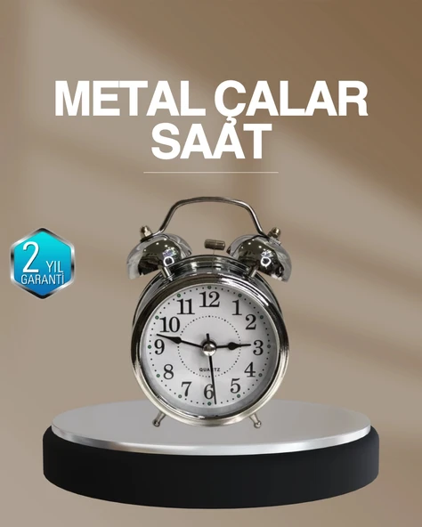 Nevamel® Dekoratif Yuvarlak Gümüş Sessiz Işıklı Masa Üstü Çalar Saat Alarmlı ve Şık Tasarım ürün görseli 1