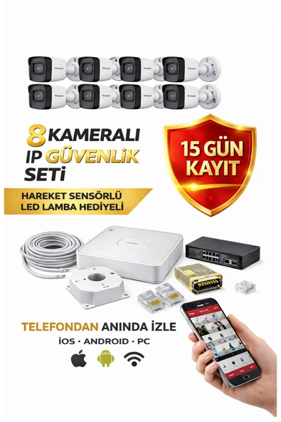 Hikvision 8 Kameralı Mikrofonlu Gece Renkli 2MP IP Kamera Seti - 1TB HDD- 30 Metre Görüş ürün görseli 1