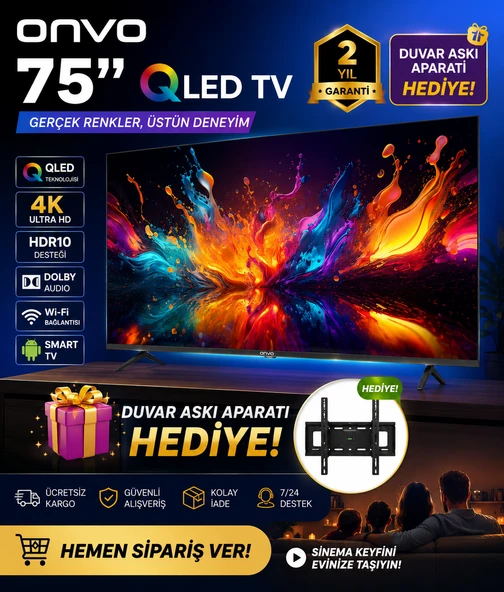 Onvo 75 QLED 4K Ultra Hd Smart Google Tv   HDR10  Dolby Audio  Wi-Fi Duvar Askı Aparatı Hediyeli ürün görseli 1