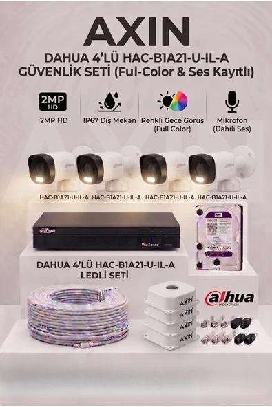 DAHUA 4 Kameralı Full Color Gece Görüşlü Güvenlik Kamera Seti - Mikrofonlu (Sesli), 500 GB HDD, Yapay Zeka Yüz Tanıma - Gece Renkli ürün görseli 1