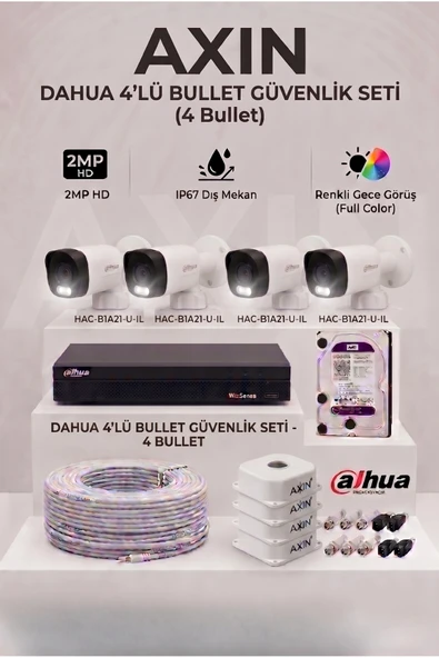 DAHUA 4 Kameralı Full Color Gece Görüşlü Güvenlik Kamera Seti - 500 GB HDD, Yapay Zeka Destekli, Akıllı Çift Işık - Gece Renkli ürün görseli 1