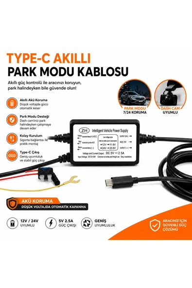 Netra Teknoloji Güvenlik Sistemleri Park Modu Kablosu Type-c Akü Sigorta Bağlantı Kablosu Araç İçi Kamera Tüm Kameralara Uyumlu ürün görseli 1