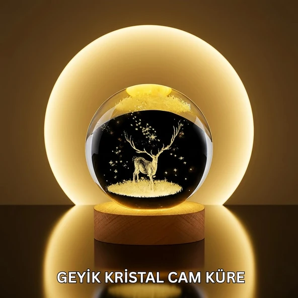 Nevamel® Doğal Ahşap Standlı Geyik Figürlü Kristal Küre LED Dekoratif Lamba ürün görseli 1