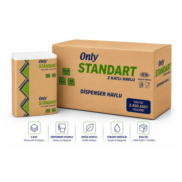 Only Standart Z Katlama Dispenser Havlu 2400 Yaprak - Ekonomik Koli 12'li Paket ürün görseli 1