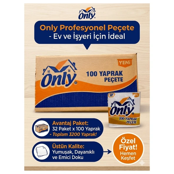 Only Profesyonel Peçete 3200 Yaprak - 32 Paket x 100 Yaprak Ev ve İş Yeri İçin Avantaj Paket koli ürün görseli 1