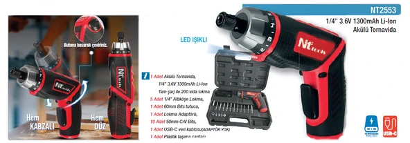 NT 1/4 AKÜLÜ VİDALAMA 3.6V 1300mAh BİTS UÇLU SET ürün görseli 1