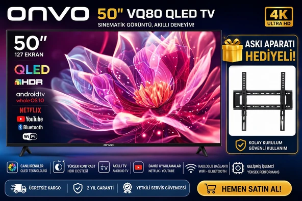 Onvo 50 VQ80 QLED Android Smart Tv Hdr Destekli Netflix & Youtube Bluetooth  Wifi  Askı Aparatı Hediyeli ürün görseli 1