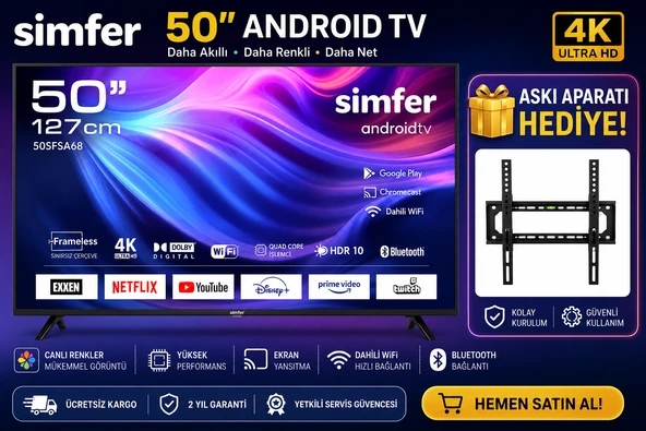 Simfer 50SFSA6B 50" 127 Ekran 4K Ultra HD Android Smart LED TV  Dahili WiFi  Bluetooth  Netflix  Askı Aparatı Hediyeli ürün görseli 1