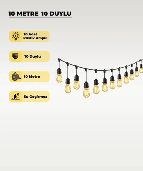 10 Metre 10 Duylu Dış Mekan Aydınlatma Seti – Rustik Ampul Dahil, Su Geçirmez, E27 Organizasyon, Bahçe, Teras Işığı ürün görseli 1