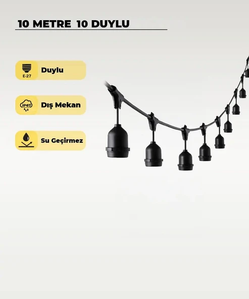 10 Metre 10 Duy E27 Dış Mekan LED Zincir Aydınlatma – Bahçe, Kafe ve Organizasyon Işık Seti (Ampulsüz) ürün görseli 1