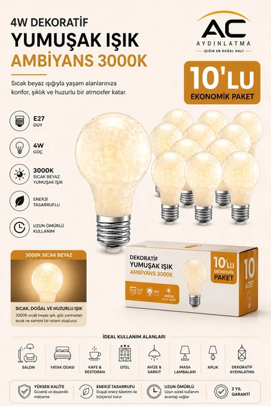10'lu Paket 4W Dekoratif LED Ampul E27 Duy 3000K Sarı Işık Yumuşak Ambiyans Aydınlatma ürün görseli 1