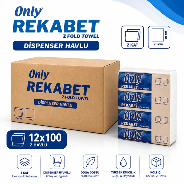 Only Rekabet Z Katlama Dispenser Havlu 12x100 Yaprak 2 Kat 20x19 cm 1200 yaprak ürün görseli 1