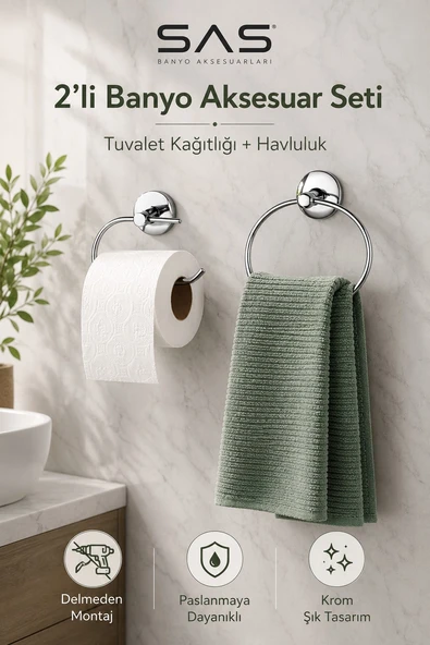 Krom Banyo Aksesuar Seti Yapışkanlı Havlu Askılığı Halka + Tuvalet Kağıdı Askılığı S-107-102 Krom Nova Serisi ürün görseli 1