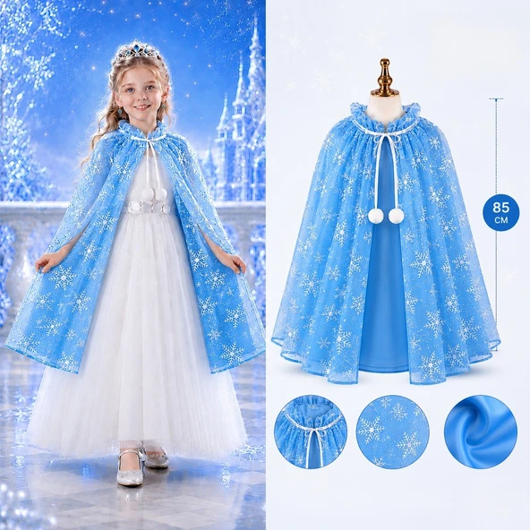 Kar Tanesi Desenli Elsa Pelerini - Astarlı Frozen Pelerini 85 Cm ürün görseli 1