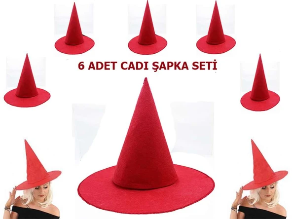 Kırmızı Renk Keçe Cadı Şapkası Yetişkin Çocuk 6 Adet ürün görseli 1