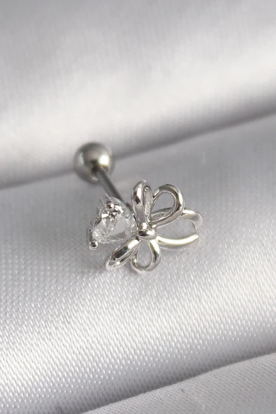 316L Çelik Gümüş Renk Zirkon Taş Detay Kurdele Model Tragus Piercing Tj-Pr1289 ürün görseli 1