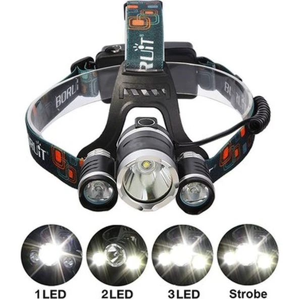 Boruit T6 Kafa Feneri 5000 Lumens 3Xcree Xm-T6+2R5 Lamba Led Kamp Lambası ürün görseli 1