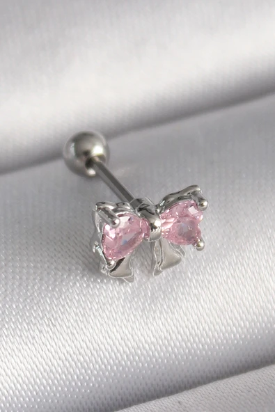 316L Çelik Gümüş Renk Pembe Zirkon Taşlı Fiyonk Tragus Piercing - Tj-Pr1251 ürün görseli 1