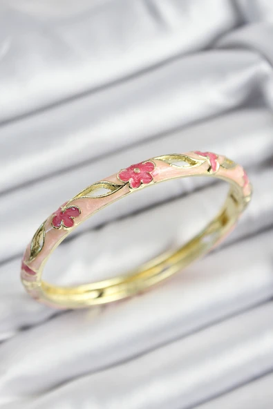 Mineli Pirinç Pembe Çiçek Motifli Gold Renk Kadın Kelepçe - Tj-Bb7372 ürün görseli 1