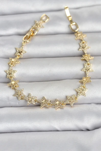 Sıralı Yıldız Model Zirkon Taşlı Gold Renk Pirinç Kadın Bileklik Tj-Bb8496 ürün görseli 1