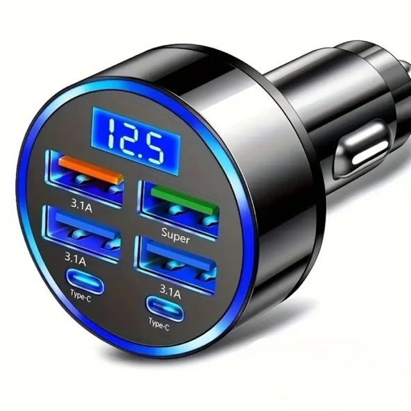 6 Portlu Hızlı Araç – 4 Usb + 2 Çıkışlı Dijital Göstergeli Oto Şarjı ürün görseli 1