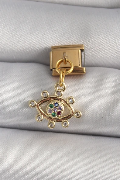 316L Çelik Gold Renk Sallantı Zirkon Taşlı Göz Model Nomination Charm Tj-Bc1195 ürün görseli 1