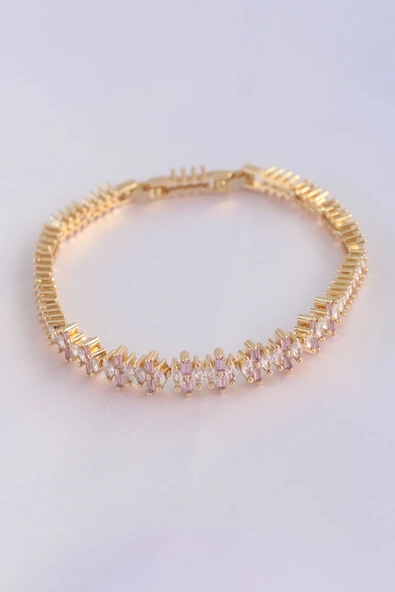 Vip Seri Pirinç Pembe Zirkon Taşlı Gold Renk Baget Model Bileklik Tj-Bb6078 ürün görseli 1
