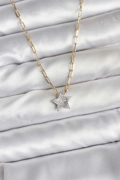 Pirinç Gold Renk Zincirli Zirkon Taşlı Yıldız Model Kadın Kolye Tj-Bko10752 ürün görseli 1