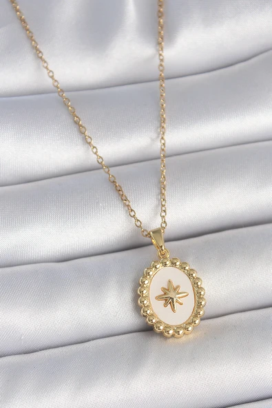 316L Çelik Gold Renk Zincir Beyaz Mineli Kutup Yıldız İşlemeli Madalyon Model Kadın Kolye Tj-Bko10063 ürün görseli 1