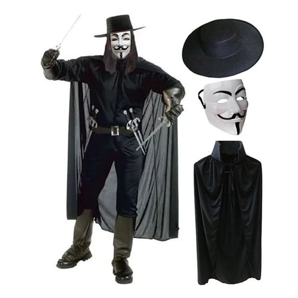 V For Vendetta Maskesi Şapkası Pelerin Kostüm Seti Yetişkin Boy ürün görseli 1