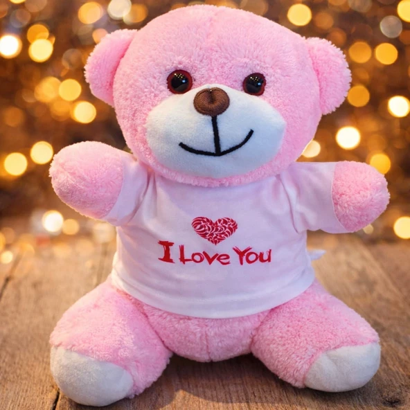 Pembe I Love You Tasarım Tişörtlü Ayıcık ürün görseli 1