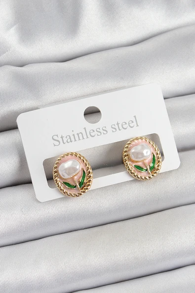 Pirinç Pembe Mineli Lale Figürlü Sanatsal Portre Model Gold Renk Kadın Küpe Tj-Bkp10672 ürün görseli 1