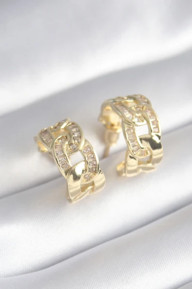 Pirinç Gold Renk Zirkon Taş Detay Zincir Model Kadın Küpe Tj-Bkp8452 ürün görseli 1