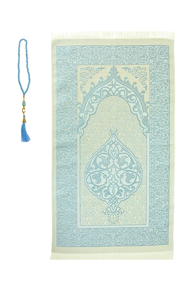 Premium Osmanlı Desen Seccade ve Vavlı İnci Tesbih Set , Kadınlar Erkekler İçin  Bebe Mavi 120 x 70 ürün görseli 1