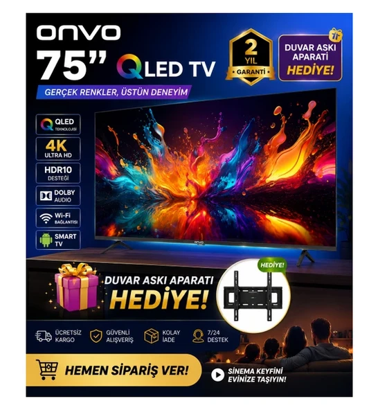 Onvo 75" QLED 4K Ultra Hd Smart Google Tv HDR10  Dolby Audio  Wi-Fi  Duvar Askı Aparatı Hediyeli ürün görseli 1