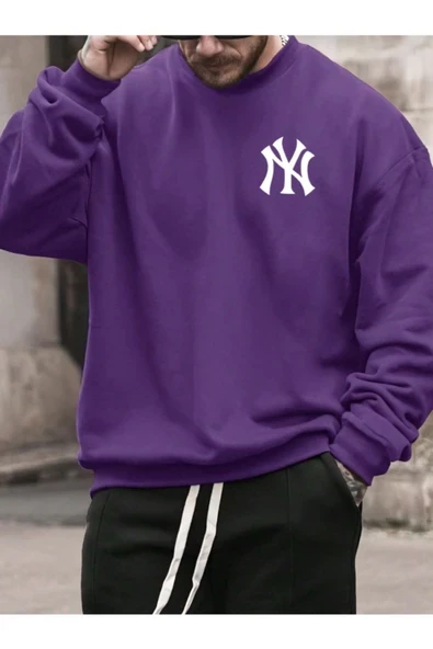 Erkek NY Ön Arka Baskılı Oversize Bisiklet Yaka Sweatshirt ürün görseli 1
