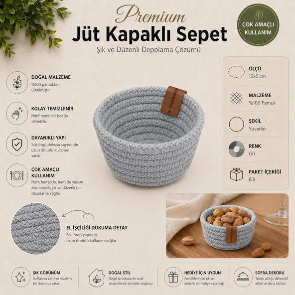 FABRİX HOME Gri %100 Pamuk Mini Sunum ve Düzenleyici Kase Seti ürün görseli 1