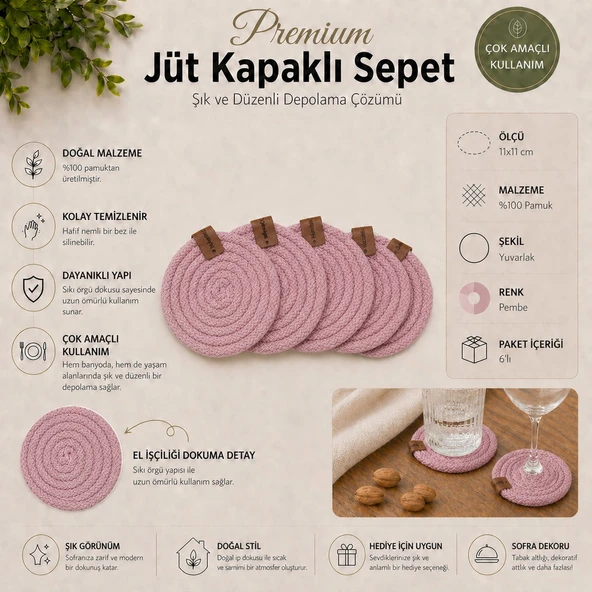 FABRİX HOME Pembe 6’lı El Yapımı %100 Pamuk Bardak Altlığı Seti ürün görseli 1