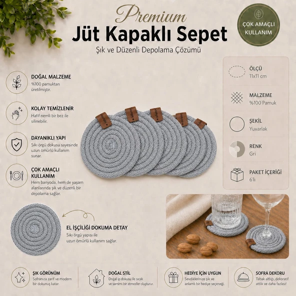FABRİX HOME Gri 6’lı El Yapımı %100 Pamuk Bardak Altlığı Seti ürün görseli 1