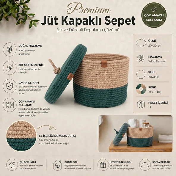 FABRİX HOME Yeşil Bej %100 Pamuk Kapaklı Organizer Sepet 20x30 cm Dekoratif Düzenleyici ürün görseli 1
