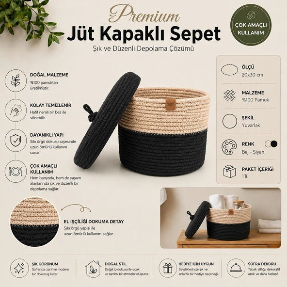 FABRİX HOME Bej Siyah %100 Pamuk Kapaklı Organizer Sepet 20x30 cm Dekoratif Düzenleyici ürün görseli 1