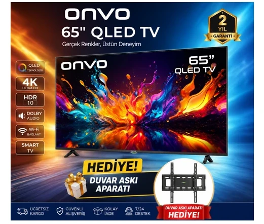 Onvo 65" QLED 4K Ultra Hd Google Smart Tv HDR10  Dolby Audio Wi-Fi  Duvar Askı Aparatı Hediyeli ürün görseli 1
