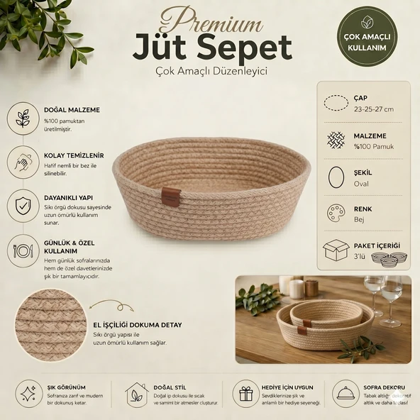 FABRİX HOME 3’lü Premium %100 Pamuk Oval Sepet Seti Organize Şıklık Nohut(Bej) ürün görseli 1