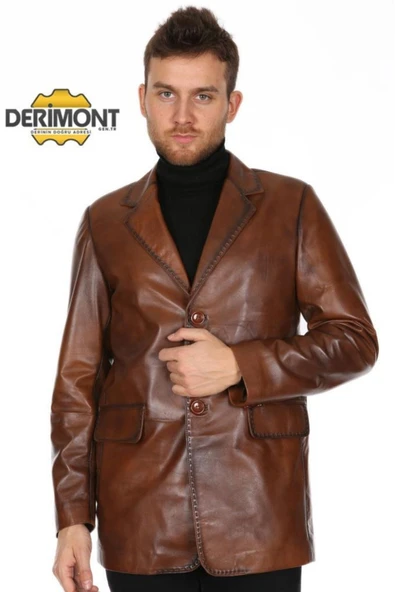 Hakiki Deri Taba Erkek Deri Mont Dikiş Işlemeli Düğme Detaylı Deri Ceket ürün görseli 1