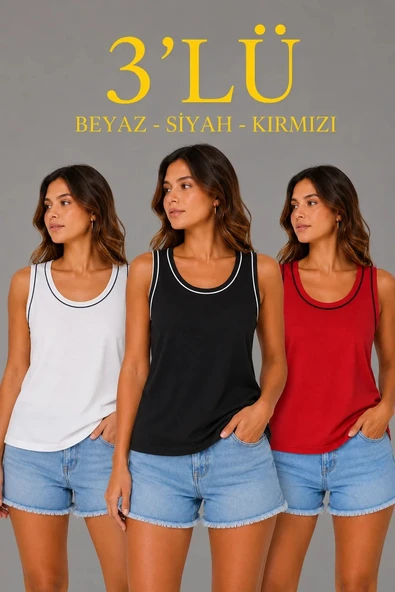 Kadın 3’lü Kolsuz Sporcu Atlet Seti Yazlık Bisiklet Yakalı - Beyaz, Siyah, Kırmızı ürün görseli 1