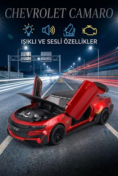 Işıklı Sesli Pilli 1:24 Ölçekli Metal Chevrolet Camaro Kapısı Kaputu ve Bagajı Açılan Model Araba ürün görseli 1