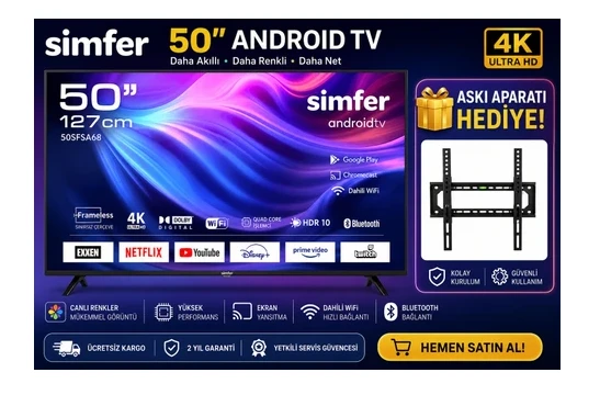 Simfer 50SFSA6B 50" 127 Ekran 4K Ultra Hd Android Smart LED Tv  Dahili Wifi  Bluetooth  Netflix Askı Aparatı Hediyeli ürün görseli 1
