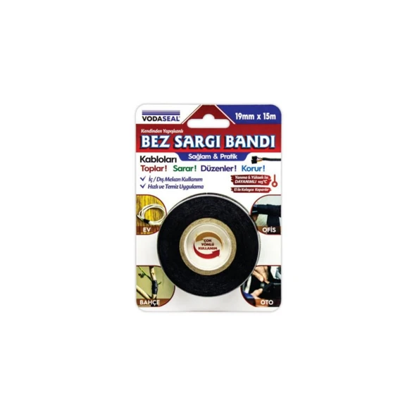 VodaSeal Yapışkanlı Bez Sargı Bandı Kablo Toplayıcı Siyah - 19 mm x 15 mt. ürün görseli 1